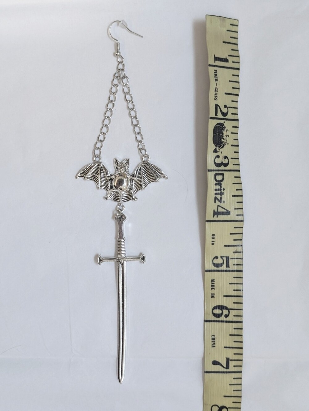 NWT Extra Long Handmade Silver Bat Chain and Sword Earrings - Picture 5 of 8